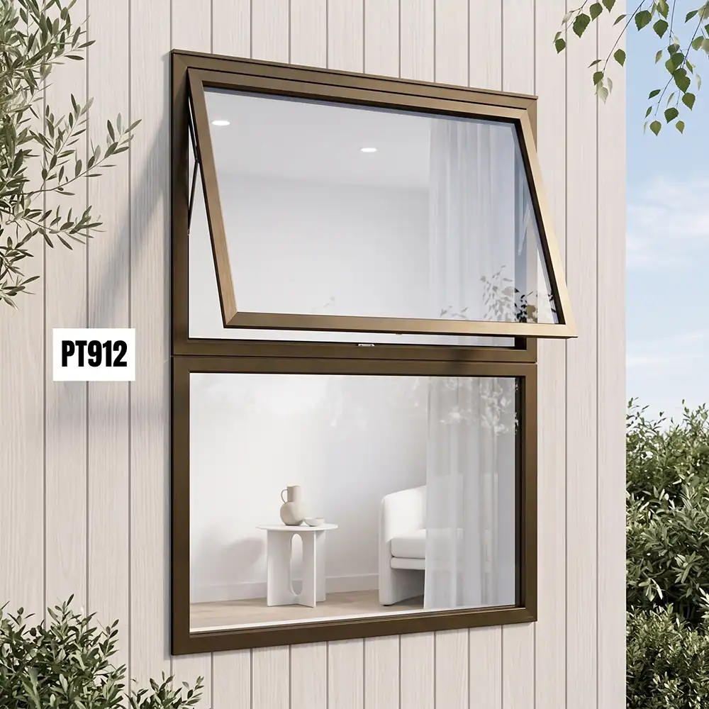 3 (3) Brown Aluminium Window PT912 900MM × 1.2M with upper top-hung opening panel and lower fixed glass panel