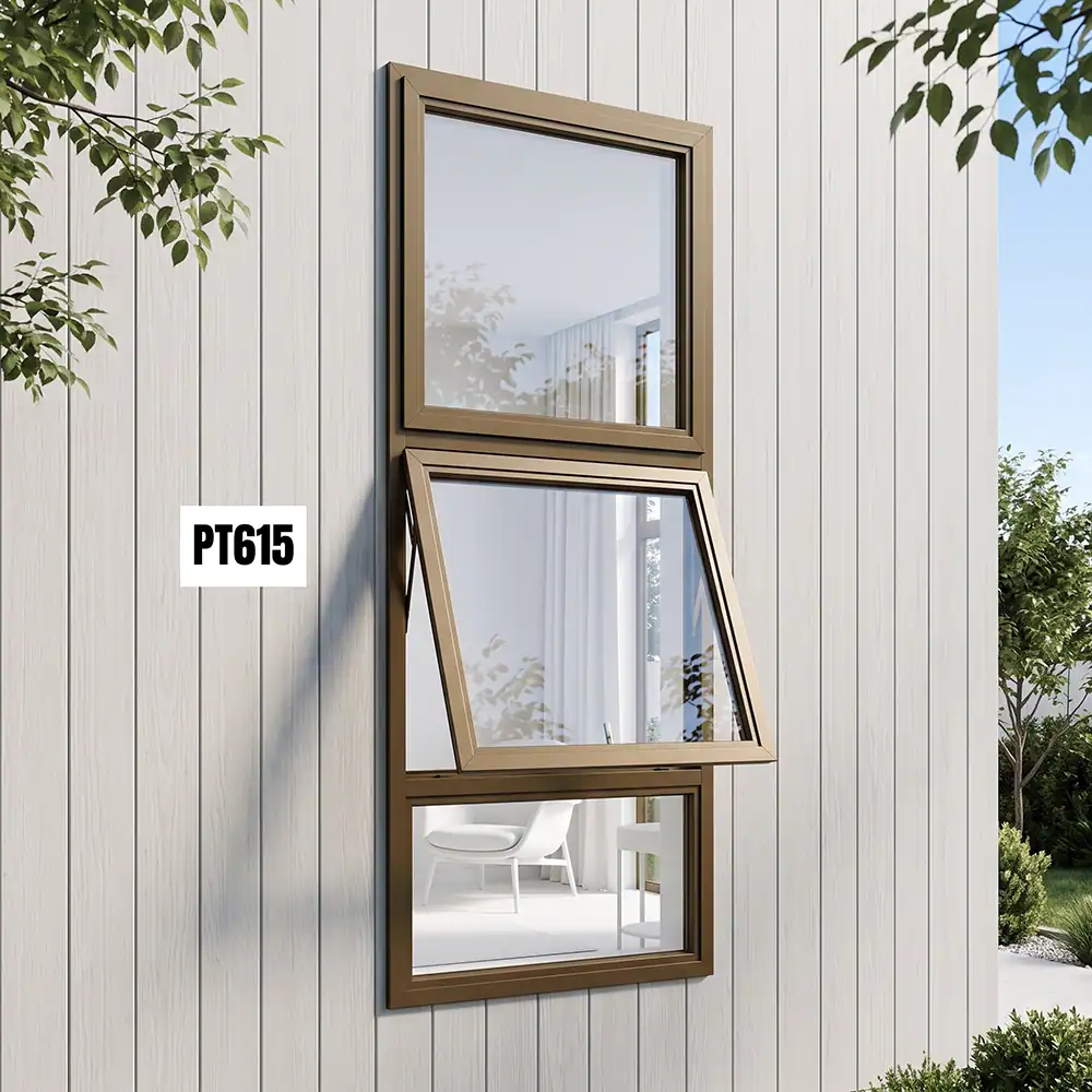 Brown Aluminium Window PT615 600MM × 1.5M with central awning opening panel and fixed glass sections Brown Aluminium Window PT615 600MM × 1.5M with central awning opening panel and fixed glass sections