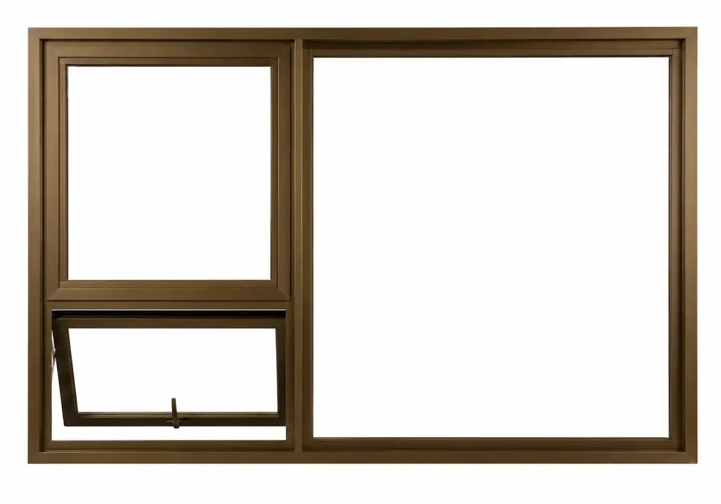 Brown Aluminium Window PT159 1.5M × 900MM with fixed glass panels and one top-hung opening panel