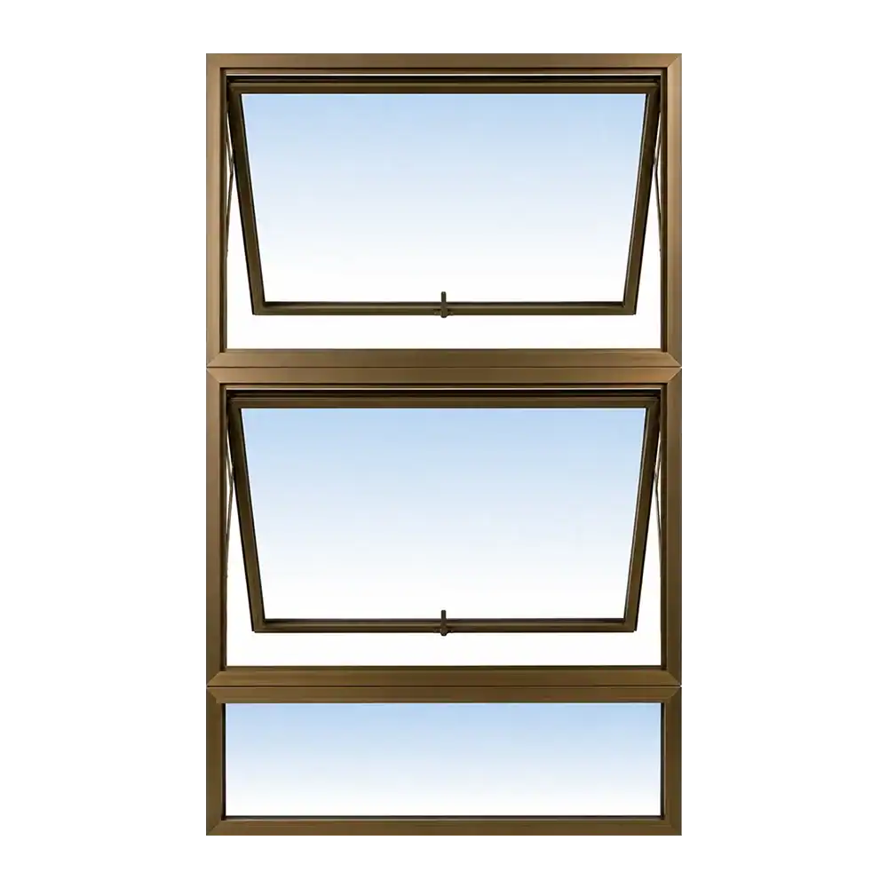 Aluminium Window PTT915 900mm x 1.5m with double top-hung opening panels and fixed bottom glass panel in bronze aluminium frame.